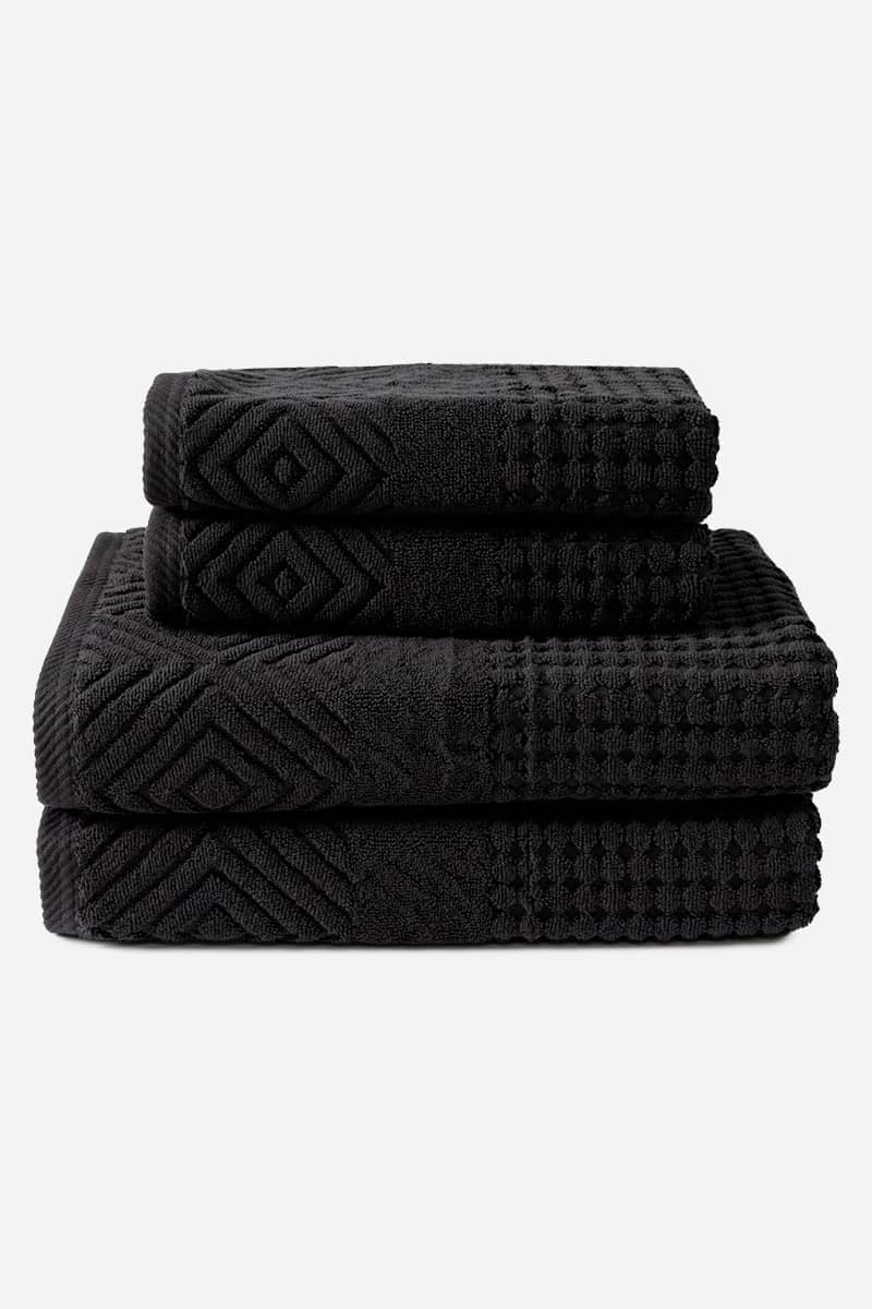 Texere 100% Organic Cotton Diamond Jacquard Towel Set Fishers Finery Black 4 Pack (2 Bath & 2 Hand )