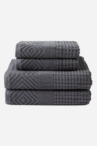 Texere 100% Organic Cotton Diamond Jacquard Towel Set Fishers Finery Charcoal 4 Pack (2 Bath & 2 Hand )