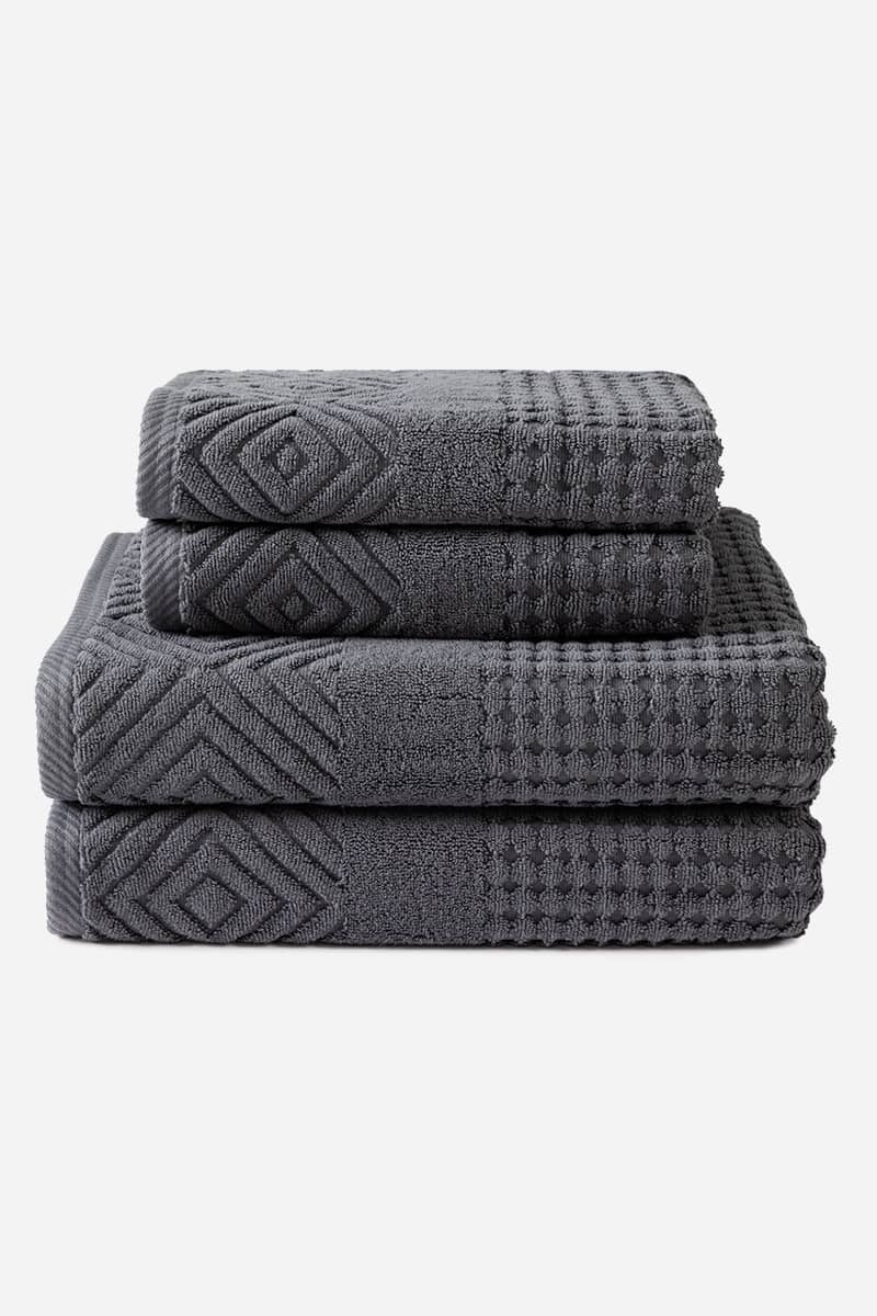 Texere 100% Organic Cotton Diamond Jacquard Towel Set Fishers Finery Charcoal 4 Pack (2 Bath & 2 Hand )