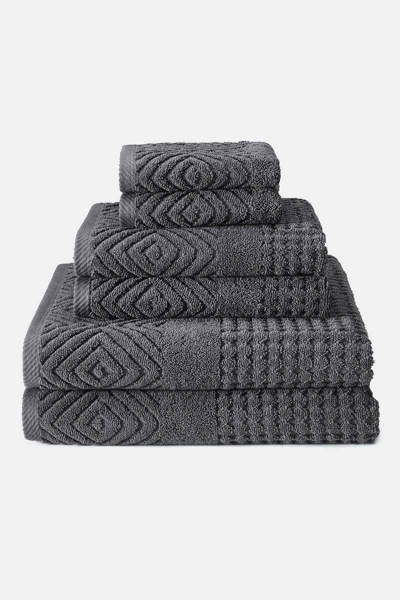 Texere 100% Organic Cotton Diamond Jacquard Towel Set Fishers Finery Charcoal 6 Pack