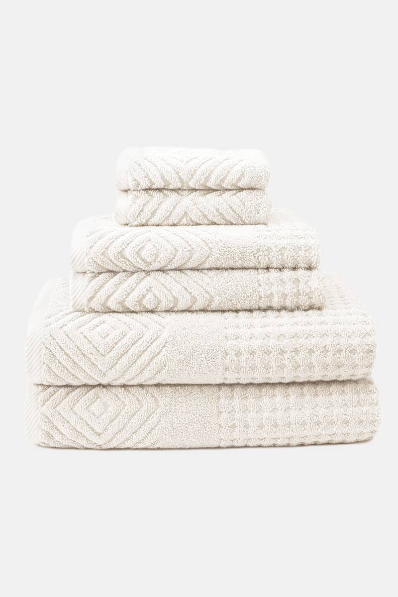 Texere 100% Organic Cotton Diamond Jacquard Towel Set Fishers Finery Cream 6 Pack