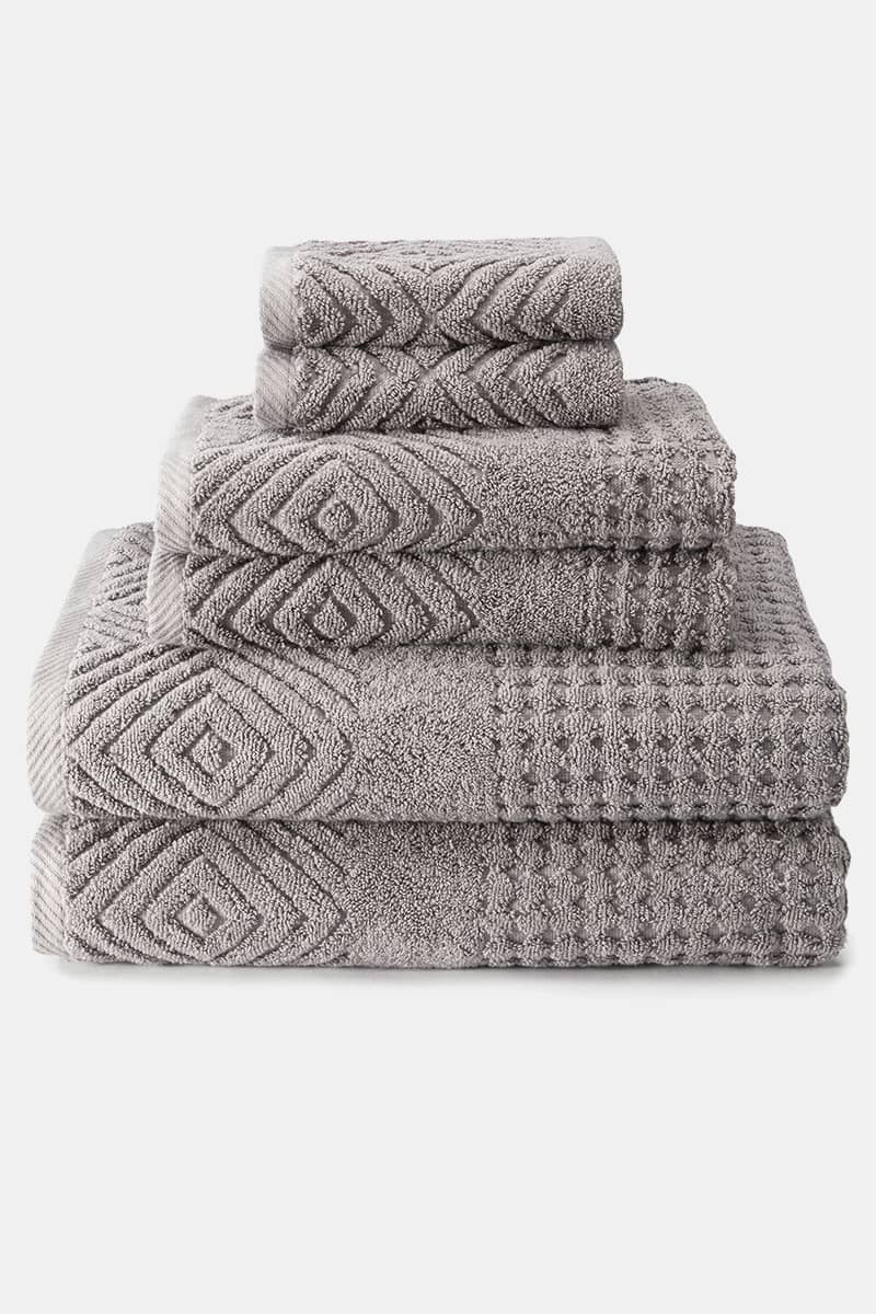 Texere 100% Organic Cotton Diamond Jacquard Towel Set Fishers Finery Cathedral Gray 6 Pack