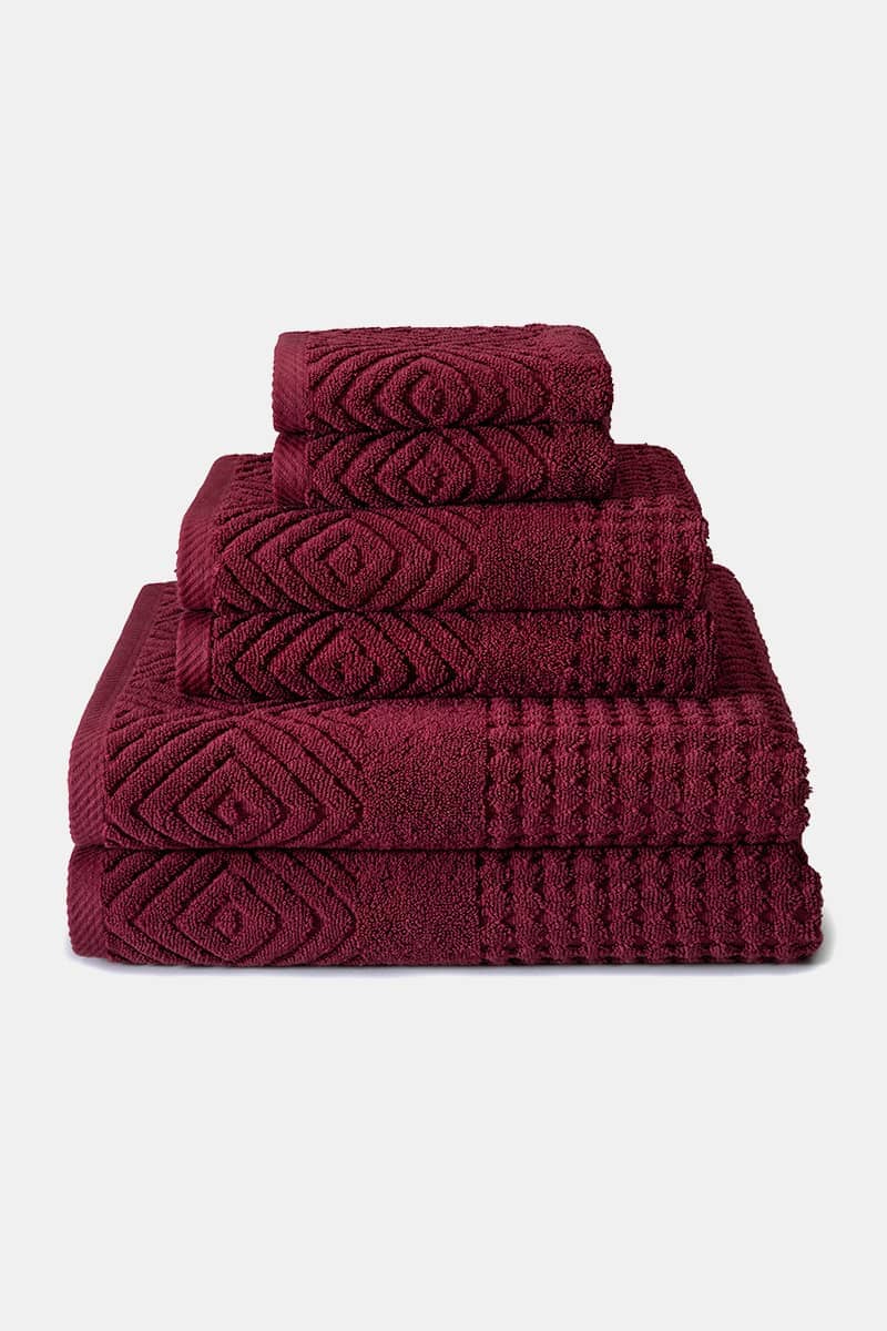 Texere 100% Organic Cotton Diamond Jacquard Towel Set Fishers Finery Merlot 6 Pack