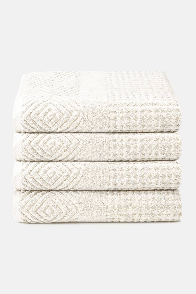 Texere 100% Organic Cotton Diamond Jacquard Towel Set Fishers Finery Cream 4 Pack ( 4 Bath Towels)