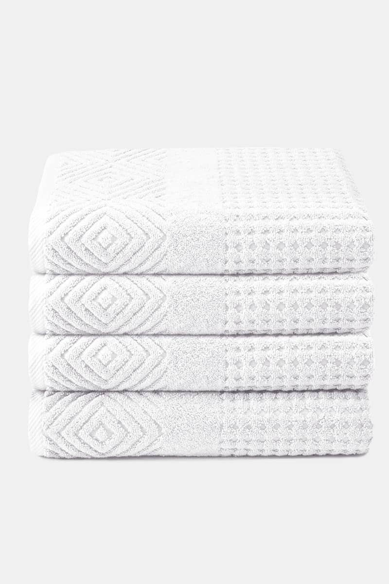 Texere 100% Organic Cotton Diamond Jacquard Towel Set Fishers Finery Bright White 4 Pack ( 4 Bath Towels)