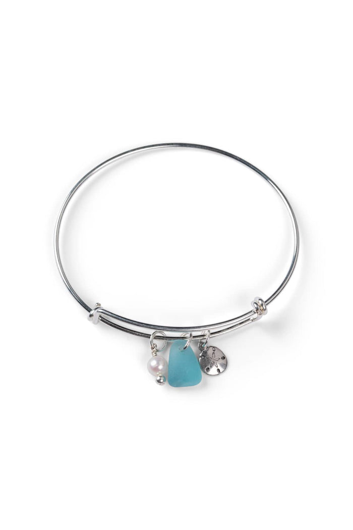 Adjustable Sea Glass Charm Bangle Bracelet with Gift Box Womens>Accessories>Jewelry Fishers Finery Aqua