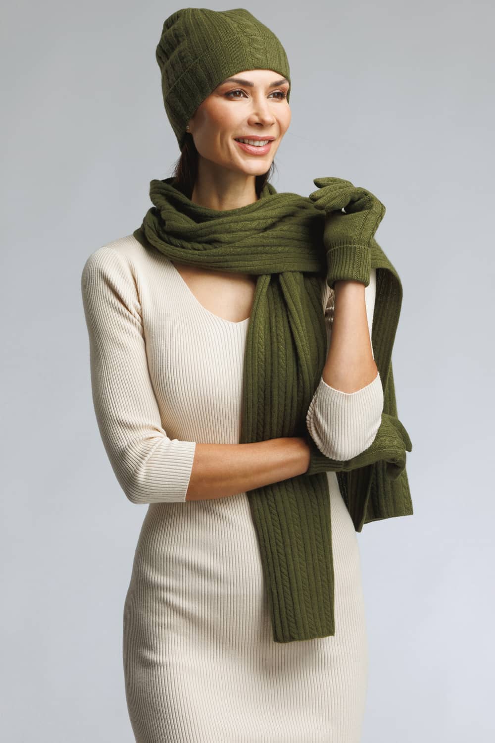 Women's 3pc 100% Pure Cashmere Cable Knit Hat Glove Scarf Set with Gift Box Womens>Accessories>Cashmere Set Fishers Finery Olive One Size