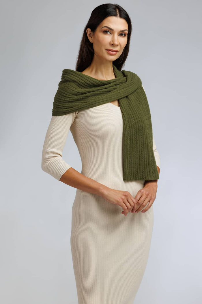 Women's 100% Cashmere Cable Knit Scarf with Gift Box Womens>Accessories>Scarf Fishers Finery Olive 