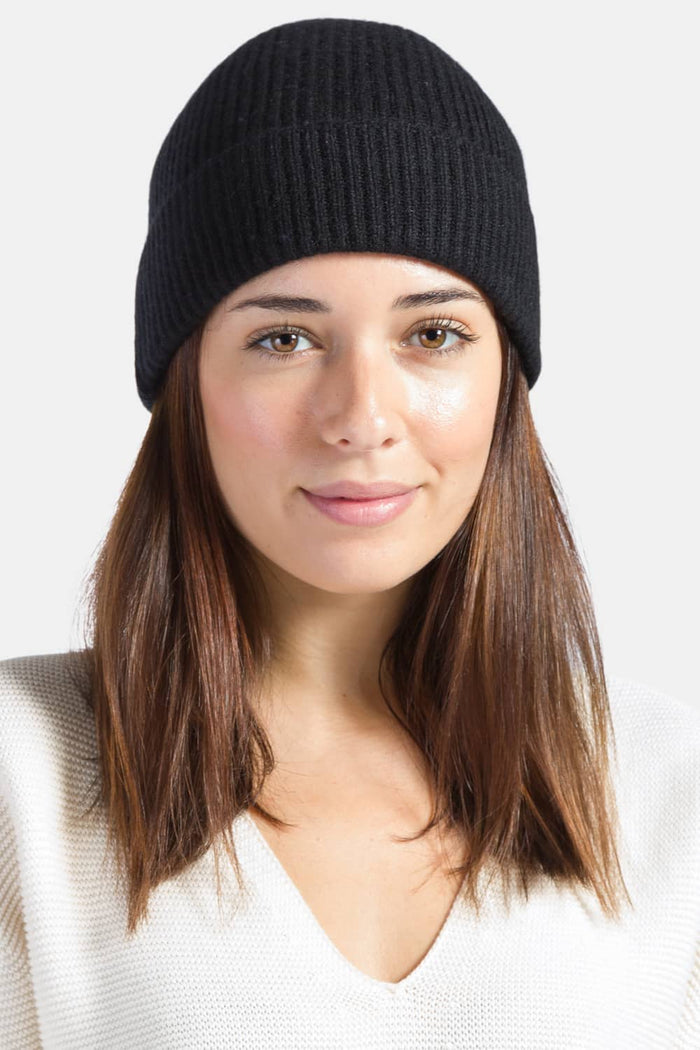 Women's 100% Pure Cashmere Ribbed Hat with Cuff Womens>Accessories>Hat Fishers Finery Black One Size Fits Most 