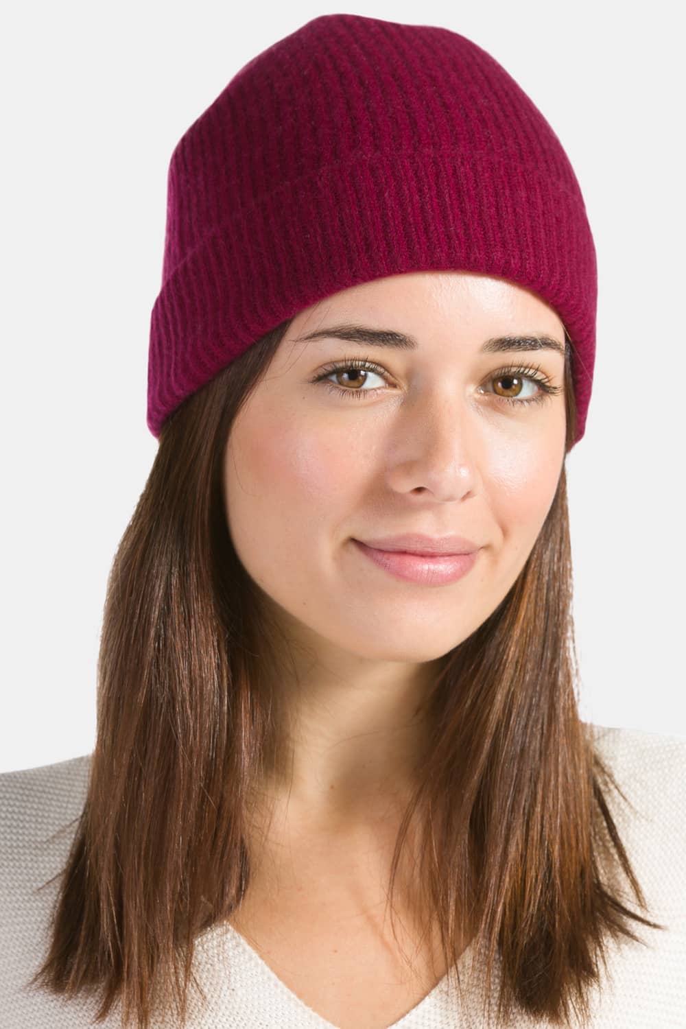 Women's 100% Pure Cashmere Ribbed Hat with Cuff Womens>Accessories>Hat Fishers Finery Cabernet One Size Fits Most 