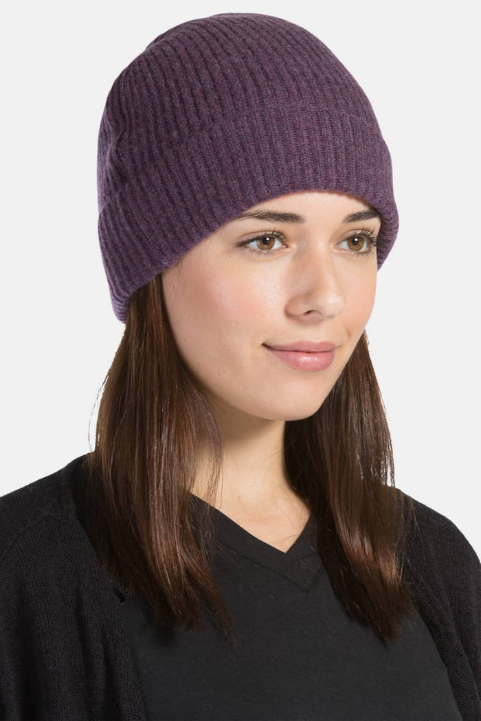 Women's 100% Pure Cashmere Ribbed Hat with Cuff Womens>Accessories>Hat Fishers Finery Eggplant One Size Fits Most 