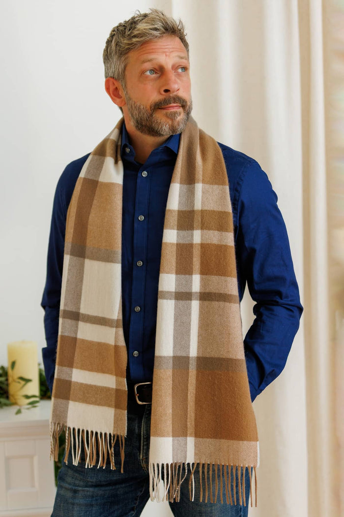 Men's Classic 100% Pure Cashmere Scarf Mens>Accessories>Scarf Fishers Finery Brown Cream Taupe Plaid One Size