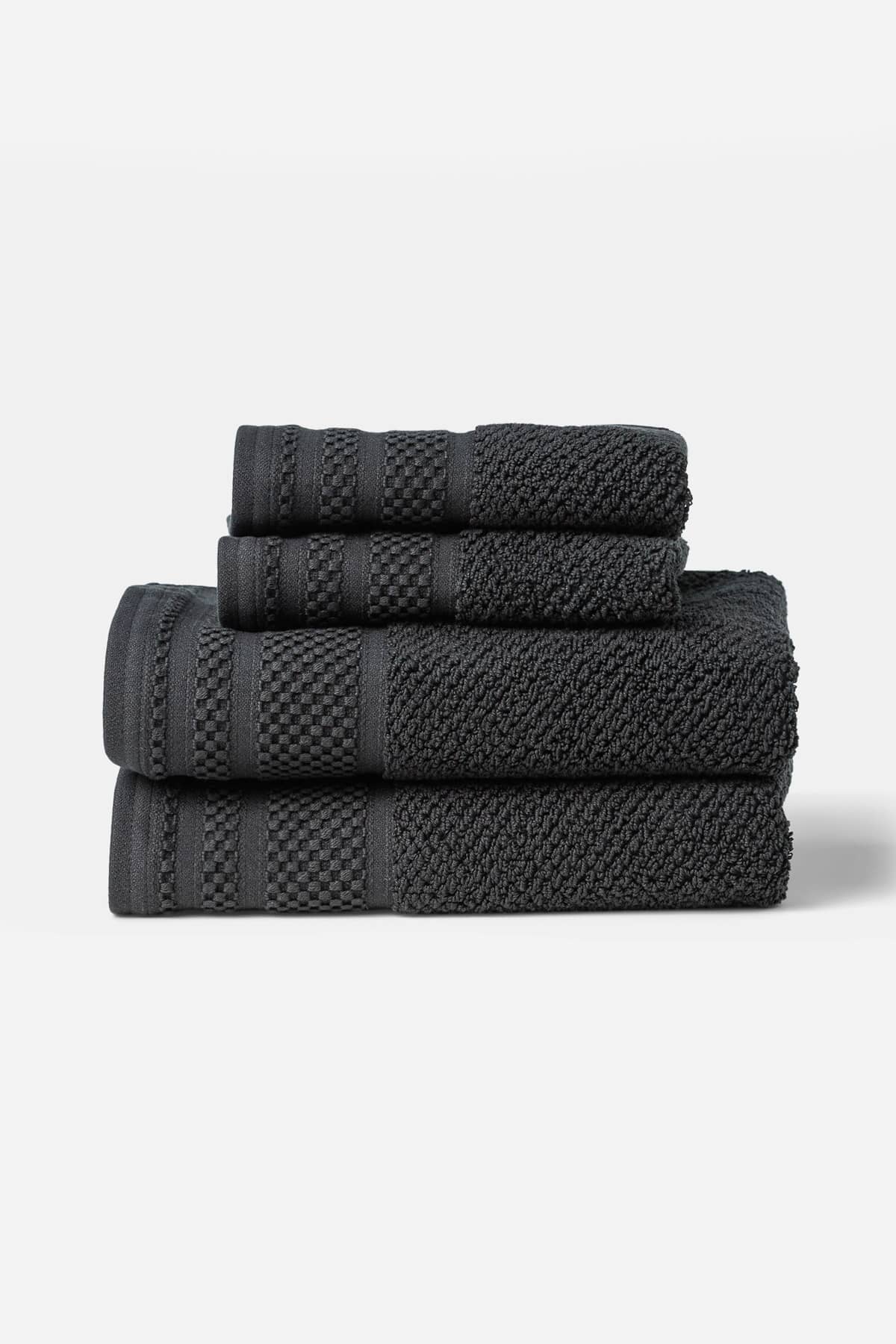 Texere 100% Organic Cotton Rice Weave Towel Set Fishers Finery Black 2 Hand Towels  & 2 Wash Clothes Stack