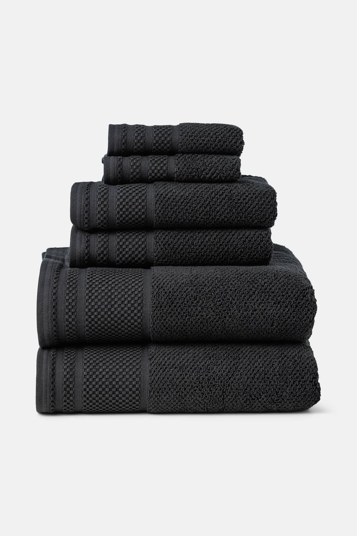 Texere 100% Organic Cotton Rice Weave Towel Set Fishers Finery Black 6 Pack Stack