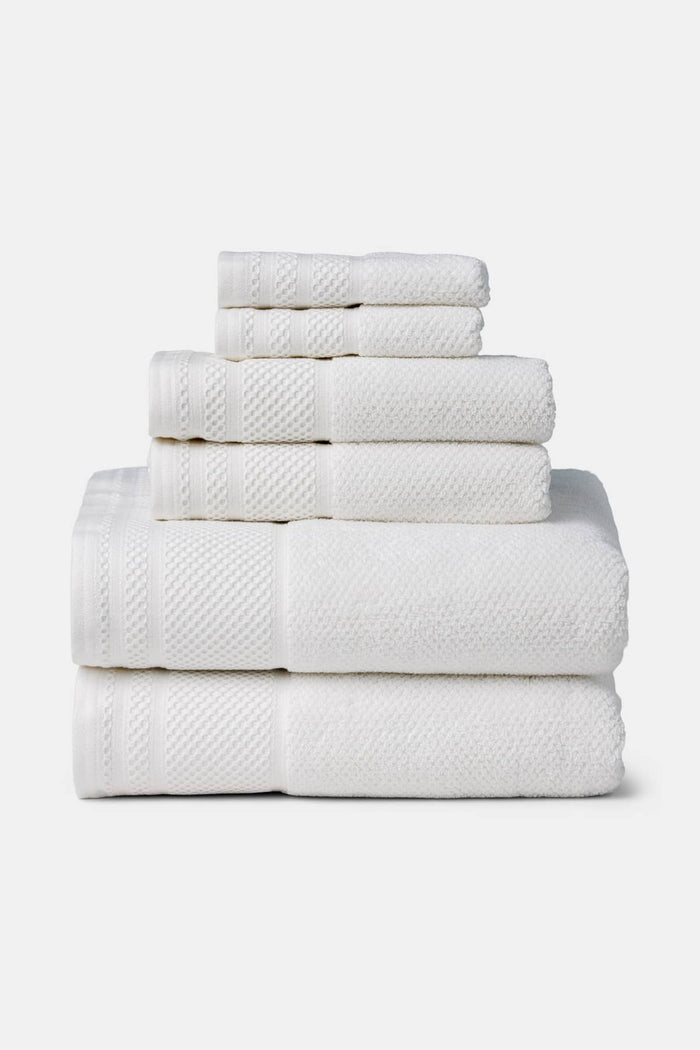 Texere 100% Organic Cotton Rice Weave Towel Set Fishers Finery Bright White 6 Pack Stack