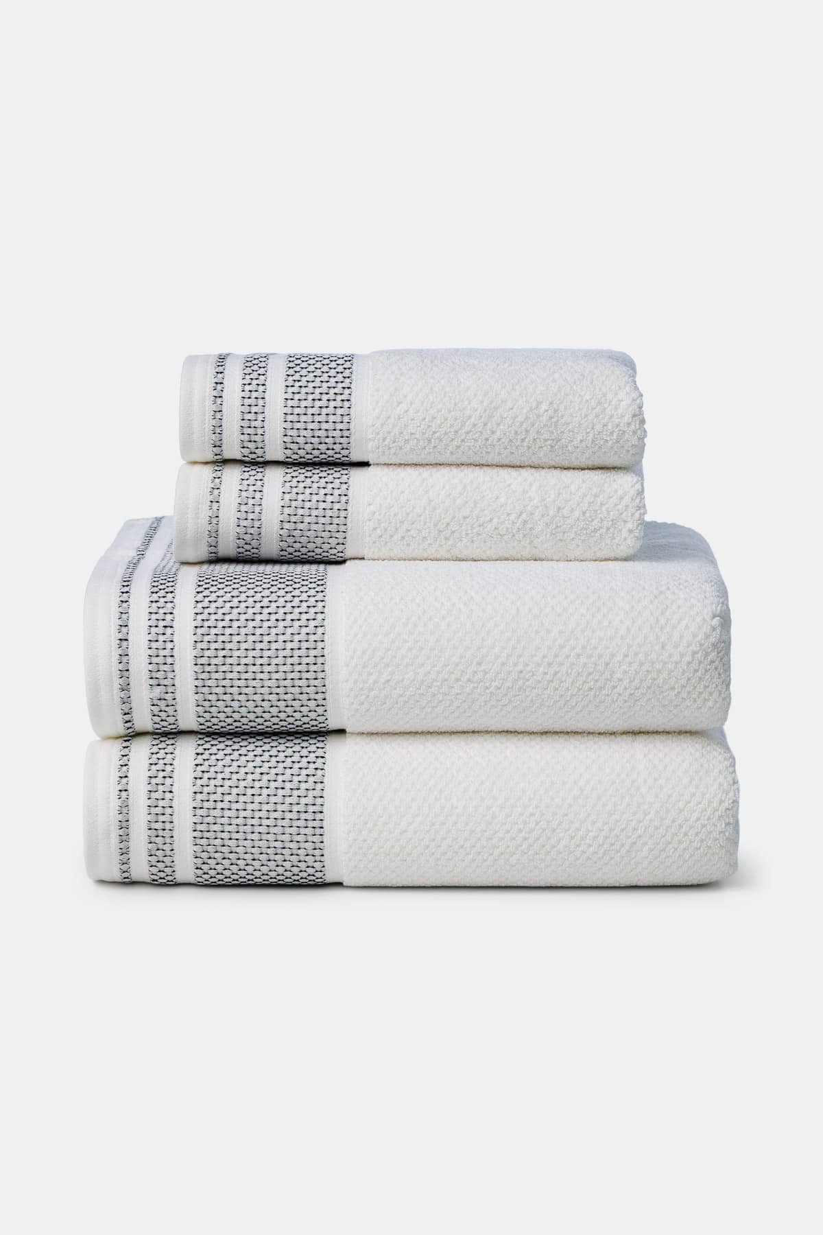 Texere 100% Organic Cotton Rice Weave Towel Set Fishers Finery Bright White with Black Boarder 2 Bath & 2 Hand Towels Stack