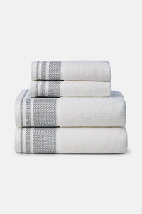 Texere 100% Organic Cotton Rice Weave Towel Set Fishers Finery Bright White with Black Boarder 2 Bath & 2 Hand Towels Stack