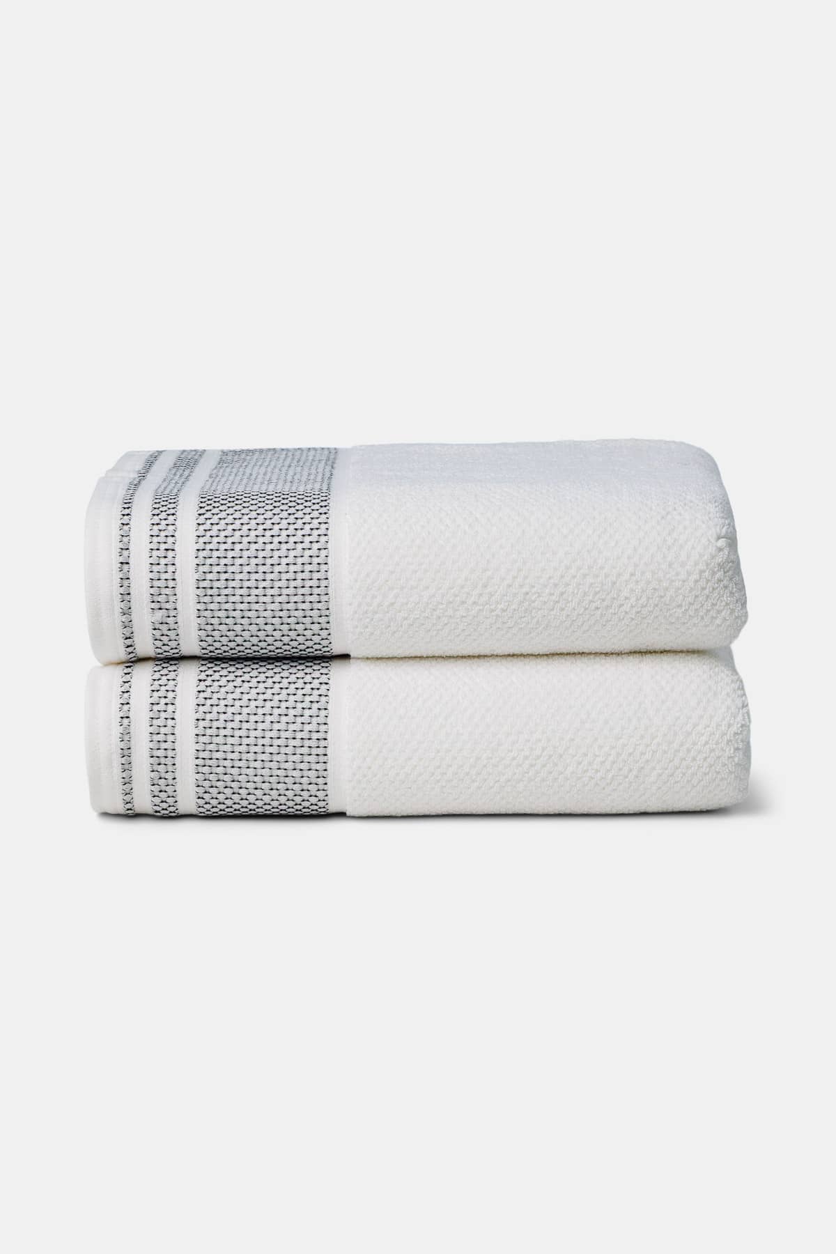 Texere 100% Organic Cotton Rice Weave Towel Set Fishers Finery Bright White with Black Boarder 2 Bath Towels Stack