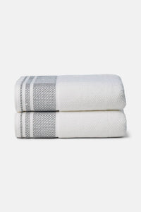 Texere 100% Organic Cotton Rice Weave Towel Set Fishers Finery Bright White with Black Boarder 2 Bath Towels Stack