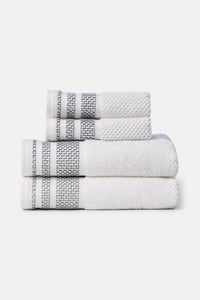 Texere 100% Organic Cotton Rice Weave Towel Set Fishers Finery Bright White with Black Boarder 2 Hand Towels & 2 Wash Clothes Stack