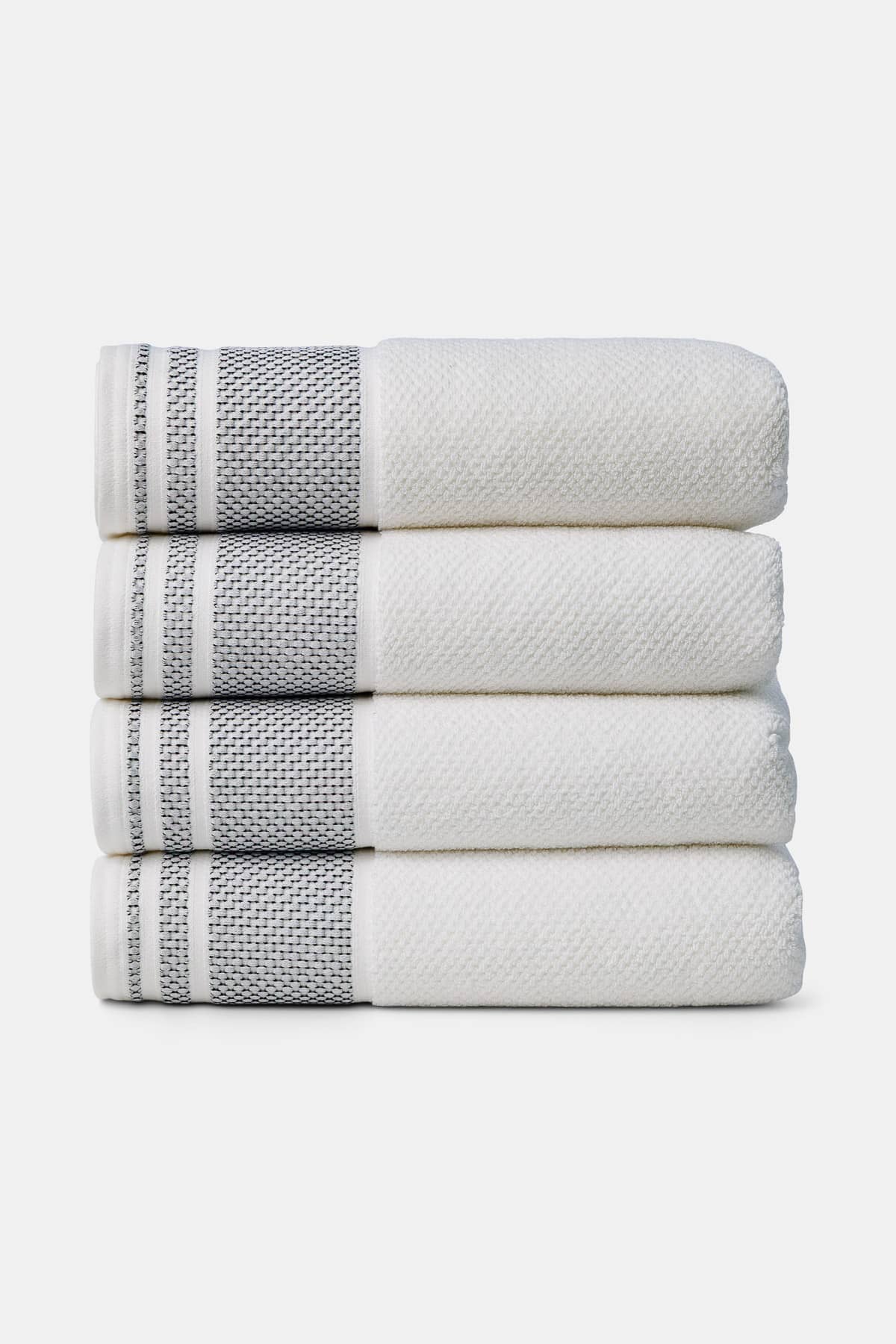 Texere 100% Organic Cotton Rice Weave Towel Set Fishers Finery Bright White with Black Boarder 4 Bath Towels Stack
