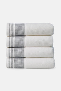 Texere 100% Organic Cotton Rice Weave Towel Set Fishers Finery Bright White with Black Boarder 4 Bath Towels Stack