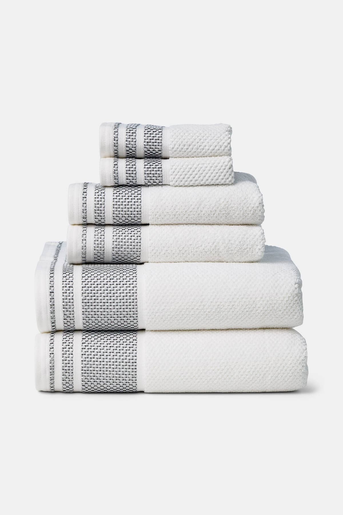 Texere 100% Organic Cotton Rice Weave Towel Set Fishers Finery Bright White with Black Boarder 6 Pack Stack