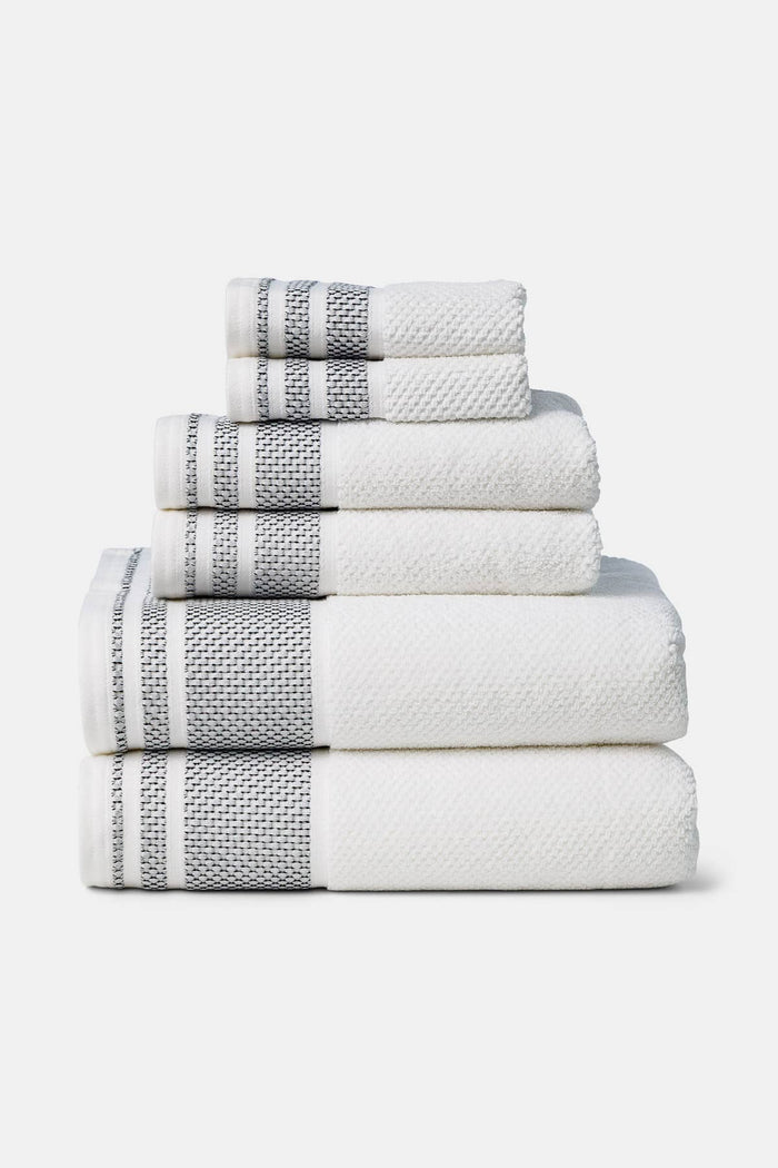 Texere 100% Organic Cotton Rice Weave Towel Set Fishers Finery Bright White with Black Boarder 6 Pack Stack