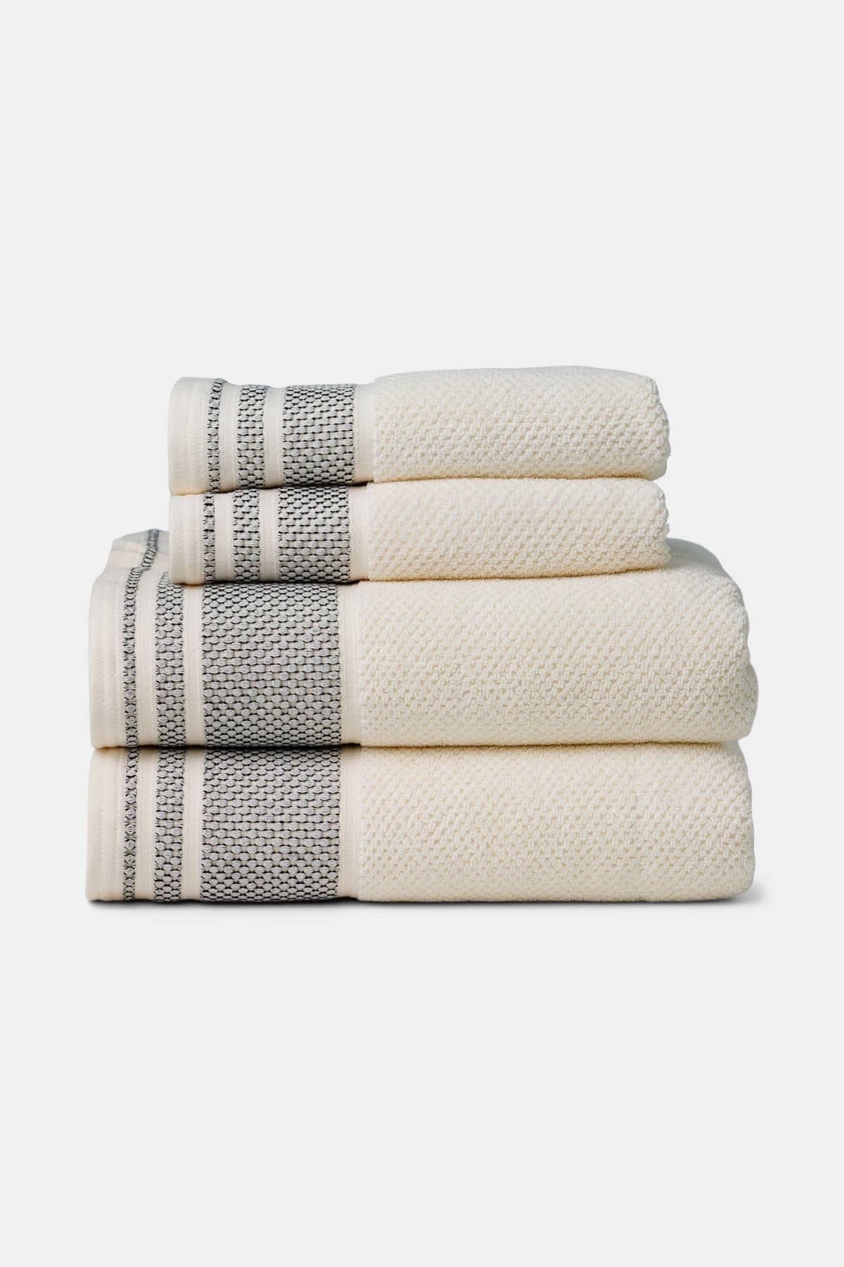 Texere 100% Organic Cotton Rice Weave Towel Set Fishers Finery Cream with Black boarder 2 Bath & 2 Hand Towels Stack