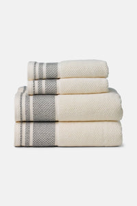Texere 100% Organic Cotton Rice Weave Towel Set Fishers Finery Cream with Black boarder 2 Bath & 2 Hand Towels Stack