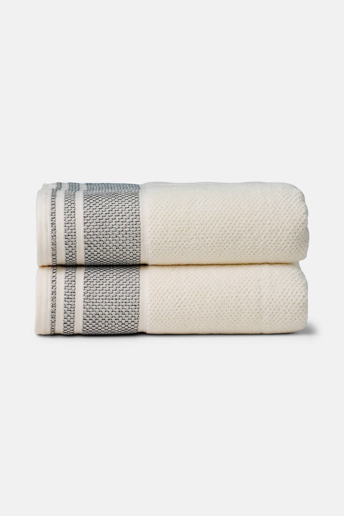 Texere 100% Organic Cotton Rice Weave Towel Set Fishers Finery Cream with Black Boarder 2 Bath Towels Stack 