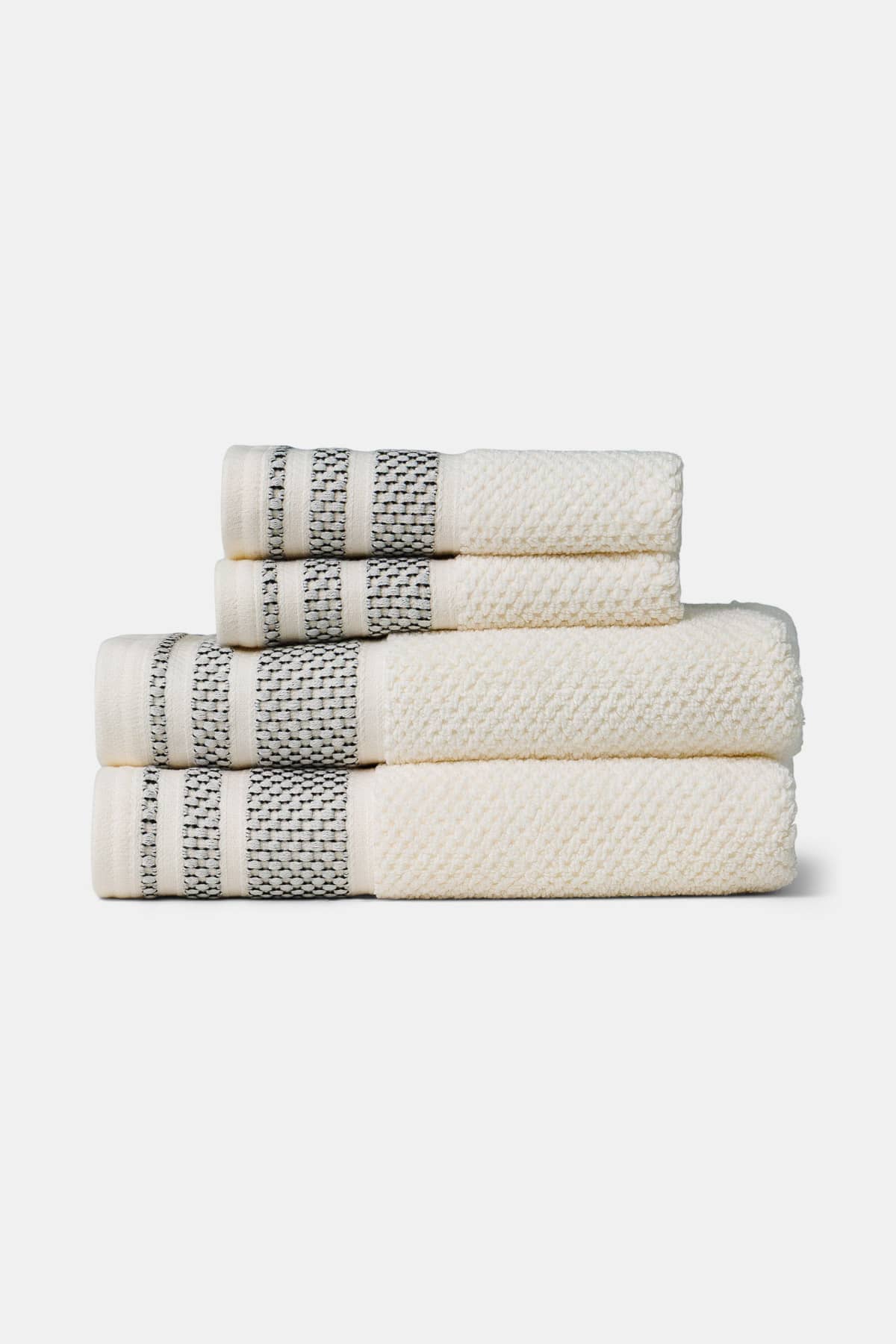 Texere 100% Organic Cotton Rice Weave Towel Set Fishers Finery Cream with Black Boarder 2 Hand Towels & 2 Wash Clothes Stack