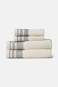 Texere 100% Organic Cotton Rice Weave Towel Set Fishers Finery Cream with Black Boarder 2 Hand Towels & 2 Wash Clothes Stack
