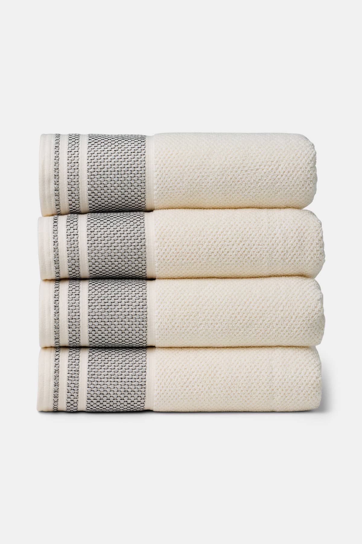 Texere 100% Organic Cotton Rice Weave Towel Set Fishers Finery Cream with Black Boarder 4 Bath Towels Stack
