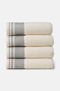 Texere 100% Organic Cotton Rice Weave Towel Set Fishers Finery Cream with Black Boarder 4 Bath Towels Stack