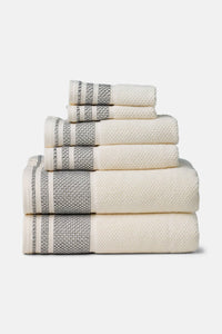 Texere 100% Organic Cotton Rice Weave Towel Set Fishers Finery Cream with Black Boarder 6 Pack Stack