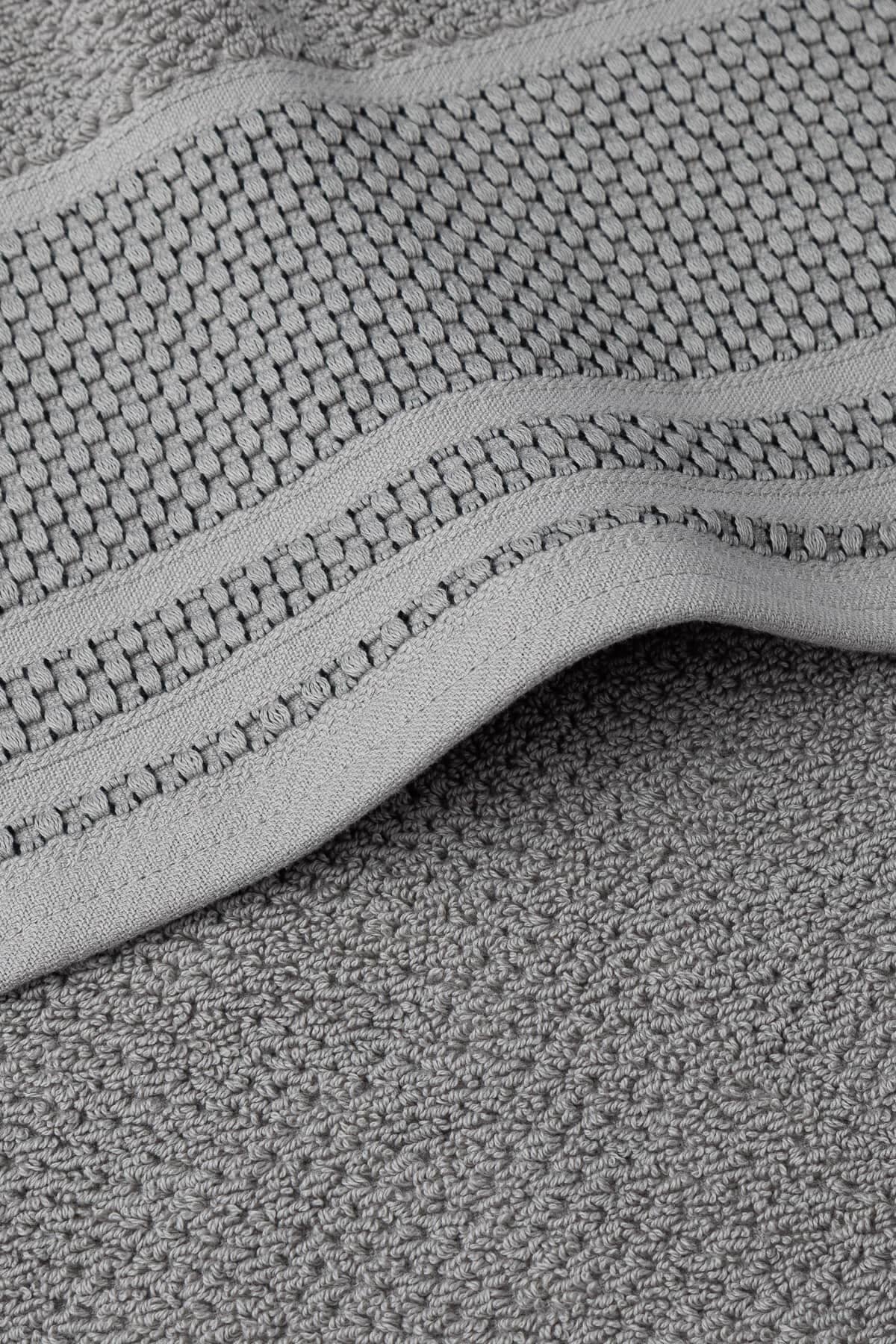 Texere 100% Organic Cotton Rice Weave Towel Set Fishers Finery Cathedral Gray 2 Bath Towels Close Up Detail of Fabric and Trim