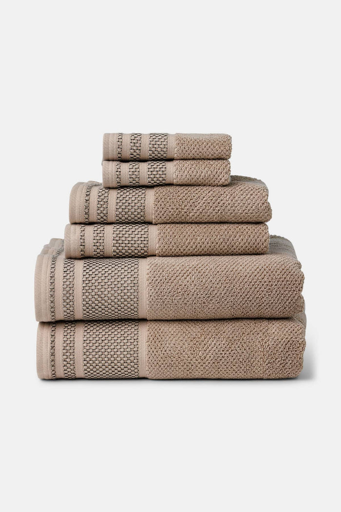 Texere 100% Organic Cotton Rice Weave Towel Set Fishers Finery Oxford Tan 6 Pack Stack