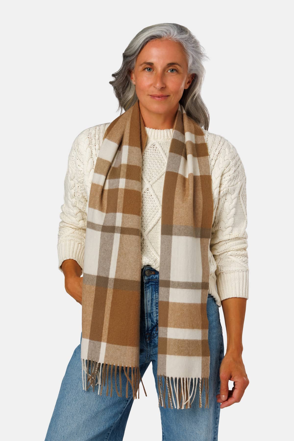 Women's Classic 100% Pure Cashmere Scarf Womens>Accessories>Scarf Fishers Finery Brown Cream Taupe Plaid One Size 