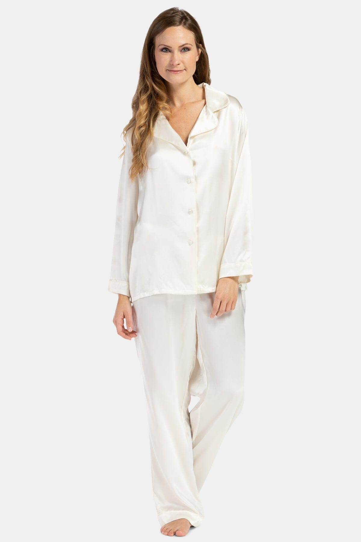 Women's 100% Mulberry Silk Classic Full Length Pajama Set with Gift Box Womens>Sleep and Lounge>Pajamas Fishers Finery Regular Ivory XS