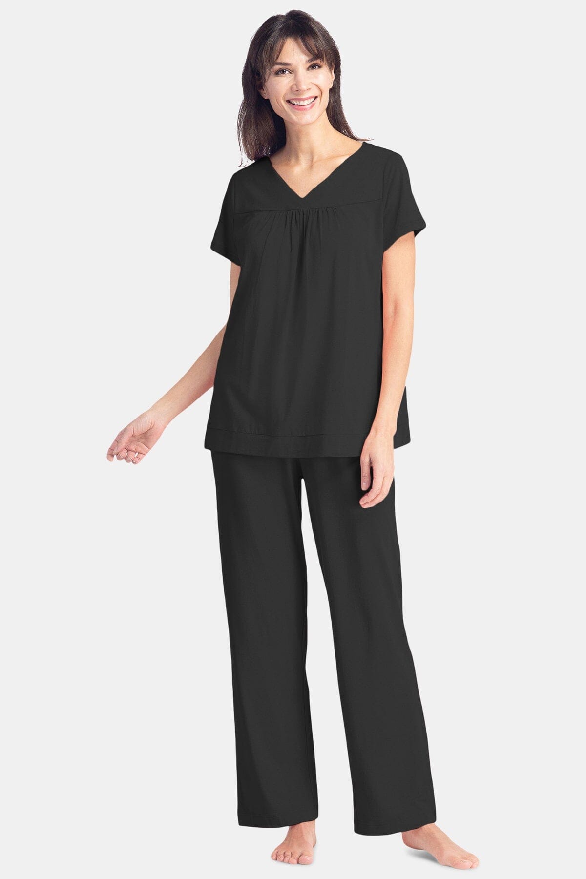 Women's Jersey Pajama Set with Gift Box- Short Sleeve Top and Full Length Pant Womens>Sleep and Lounge>Pajamas Fishers Finery Black XS 