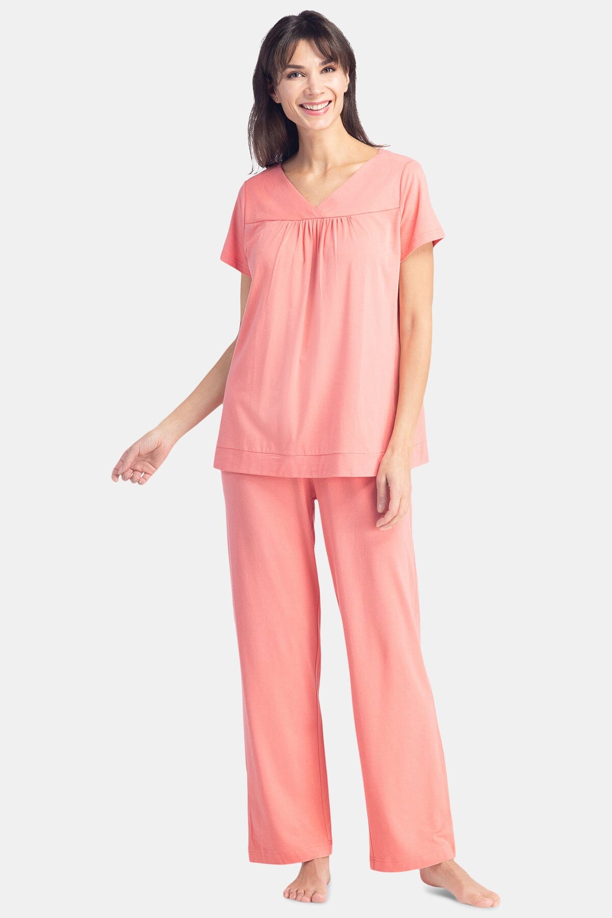 Women's Jersey Pajama Set with Gift Box- Short Sleeve Top and Full Length Pant Womens>Sleep and Lounge>Pajamas Fishers Finery Coral XS 