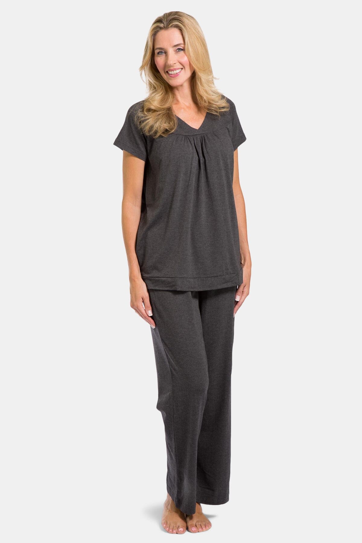 Women's Jersey Pajama Set with Gift Box- Short Sleeve Top and Full Length Pant Womens>Sleep and Lounge>Pajamas Fishers Finery Heather Gray XS 