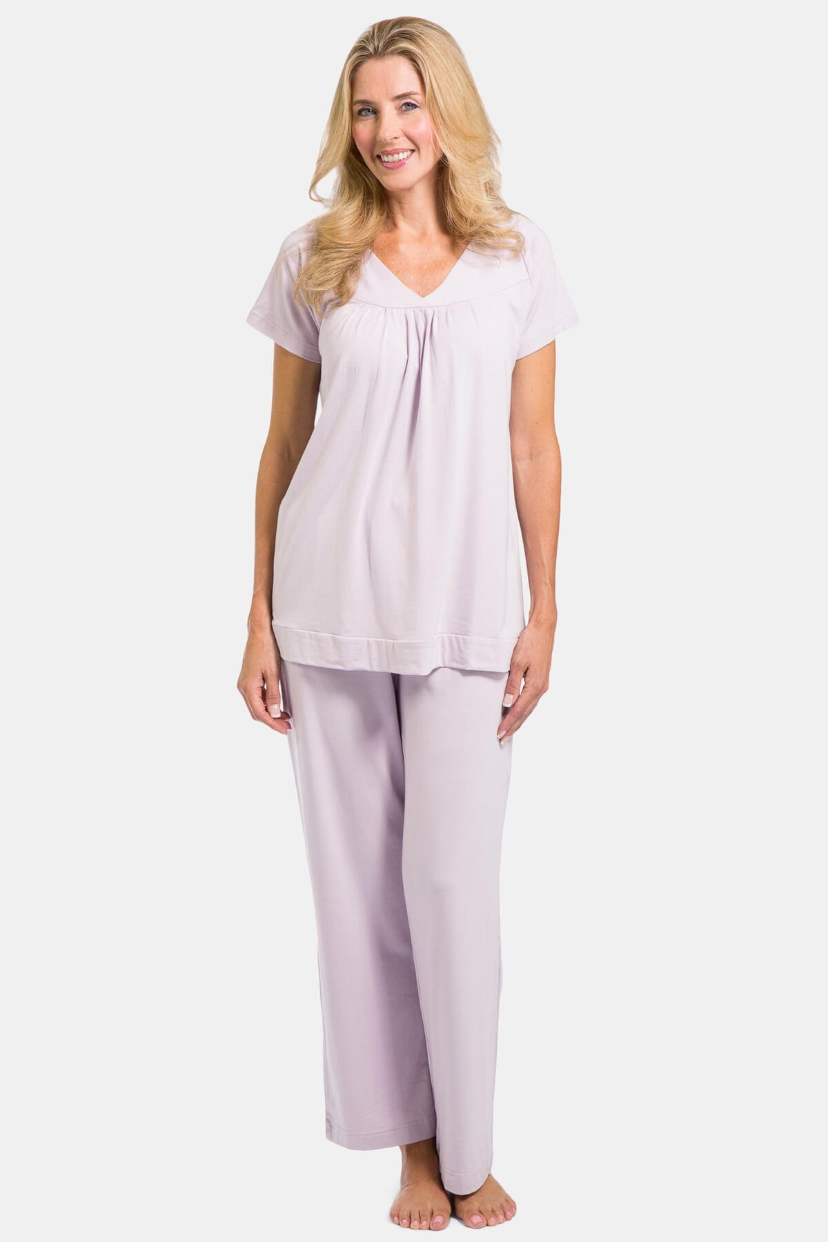 Women's Jersey Pajama Set with Gift Box- Short Sleeve Top and Full Length Pant Womens>Sleep and Lounge>Pajamas Fishers Finery Lavender Fog XS 