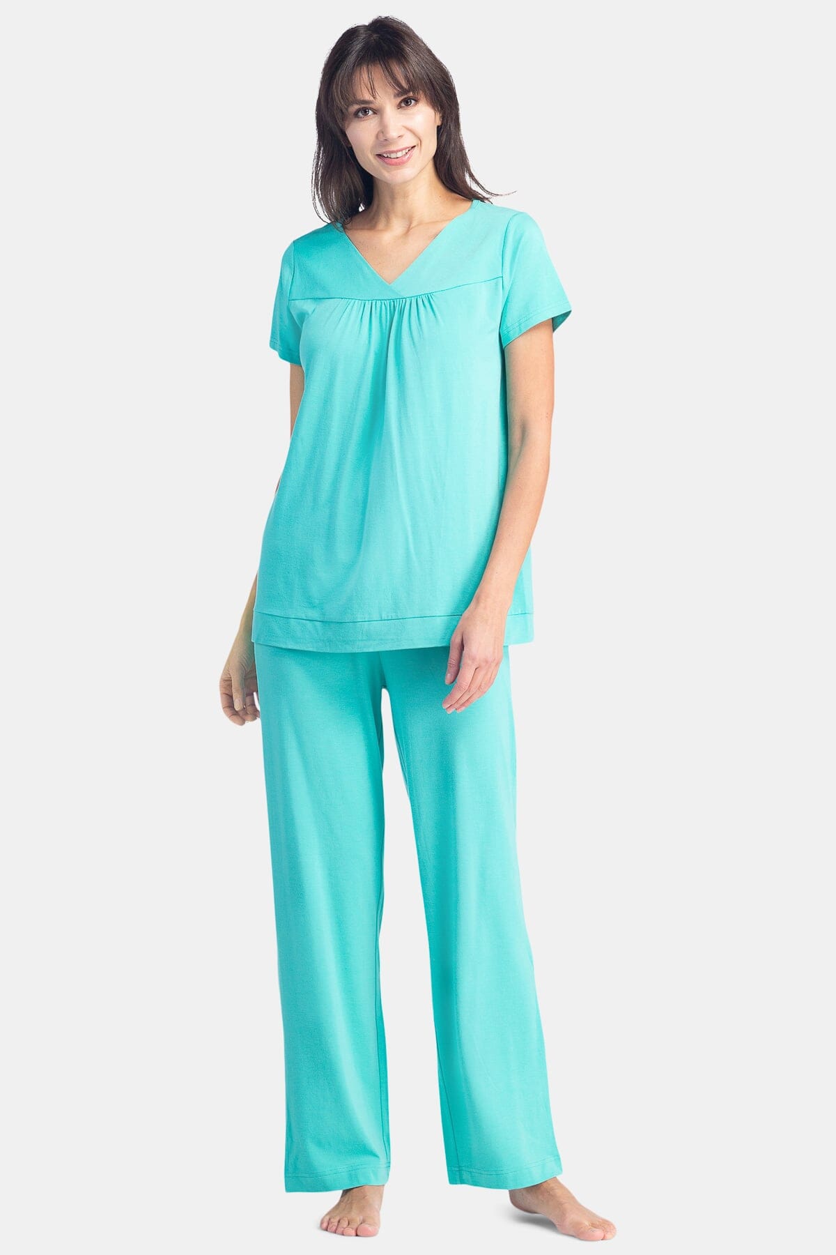 Women's Jersey Pajama Set with Gift Box- Short Sleeve Top and Full Length Pant Womens>Sleep and Lounge>Pajamas Fishers Finery Turquoise XS 