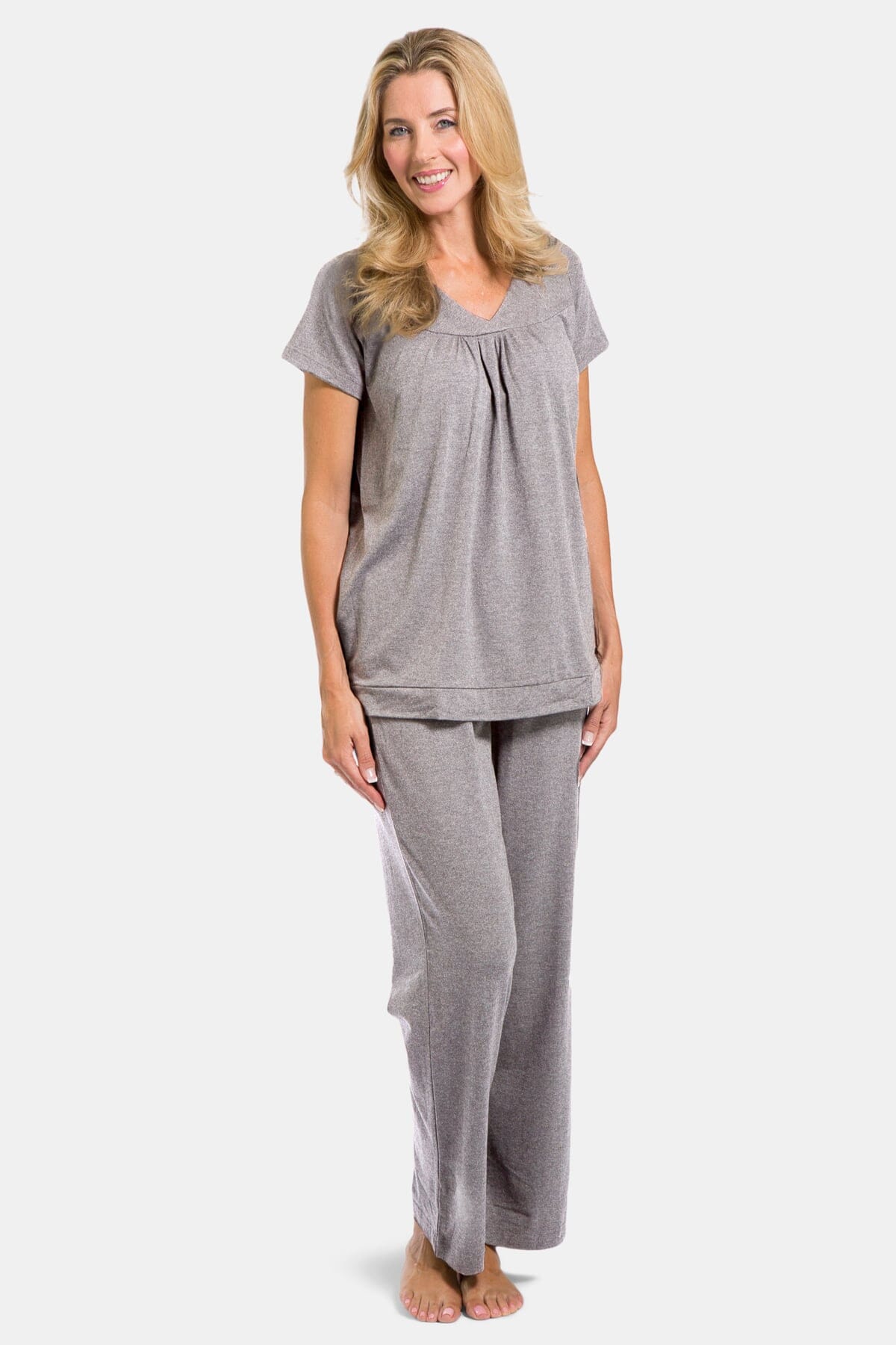 Women's Jersey Pajama Set with Gift Box- Short Sleeve Top and Full Length Pant Womens>Sleep and Lounge>Pajamas Fishers Finery Light Gray XS 