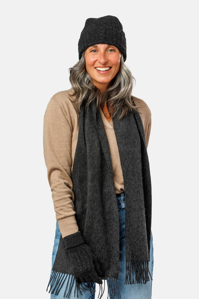 Women's 3pc 100% Pure Cashmere Cable Knit Hat, Glove & Woven Scarf Set with Gift Box Womens>Accessories>Cashmere Set Fishers Finery Charcoal One Size