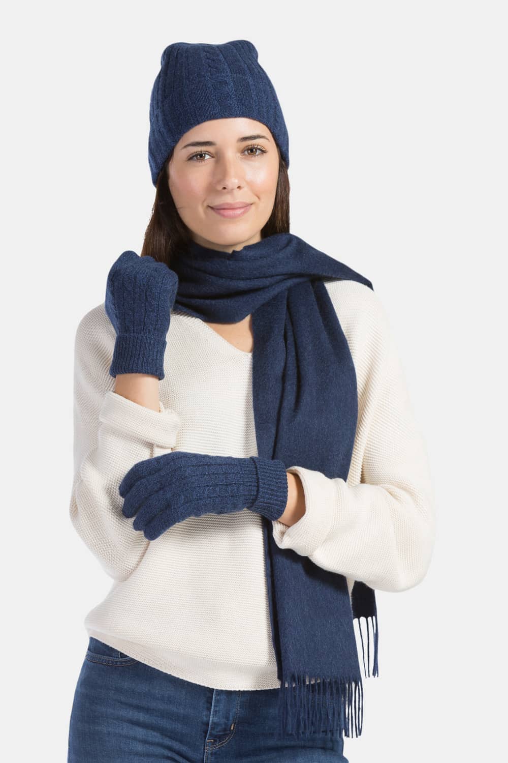 Women's 3pc 100% Pure Cashmere Cable Knit Hat, Glove & Woven Scarf Set with Gift Box Womens>Accessories>Cashmere Set Fishers Finery Navy One Size 