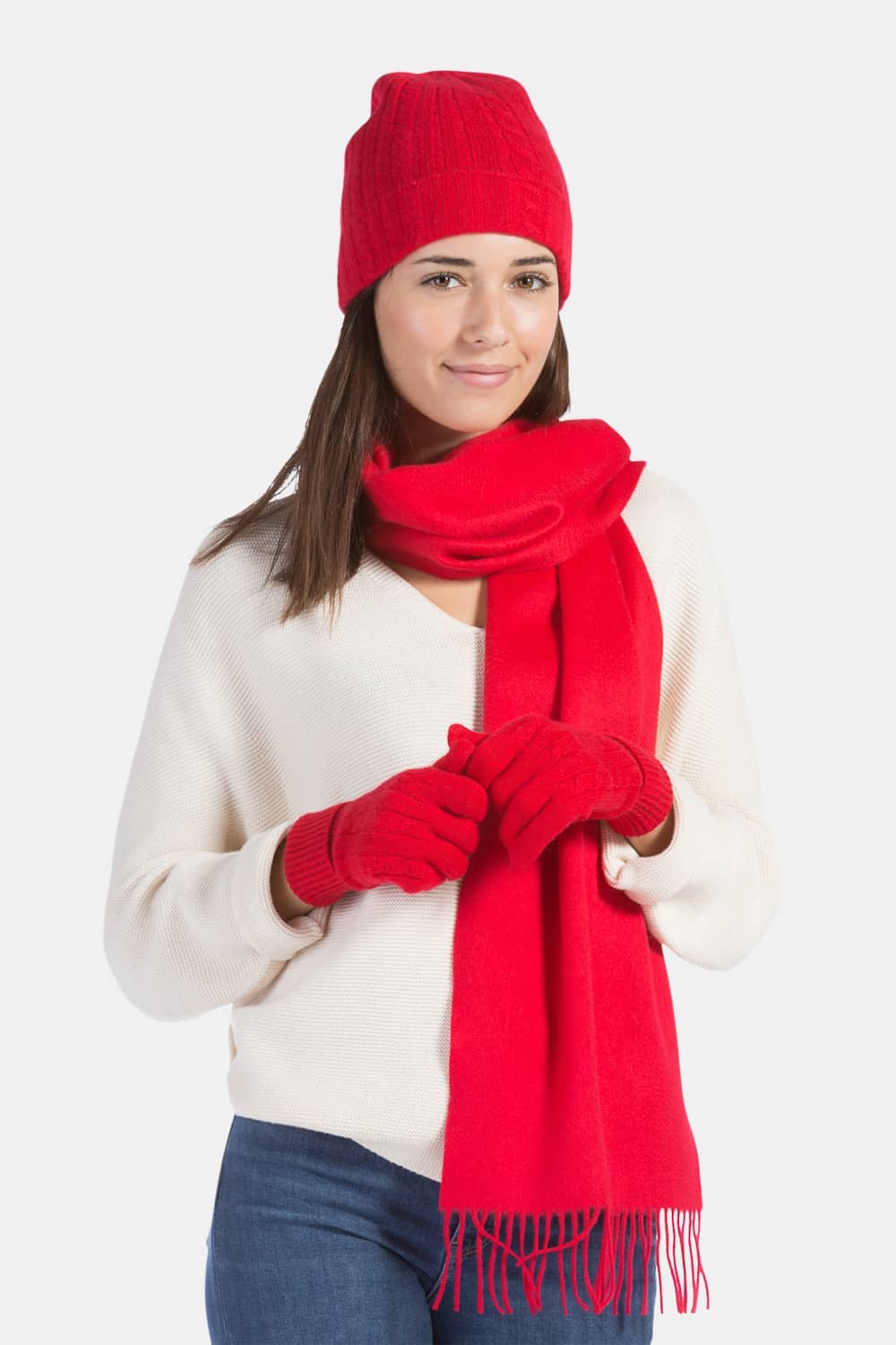 Women's 3pc 100% Pure Cashmere Cable Knit Hat, Glove & Woven Scarf Set with Gift Box Womens>Accessories>Cashmere Set Fishers Finery Red One Size 