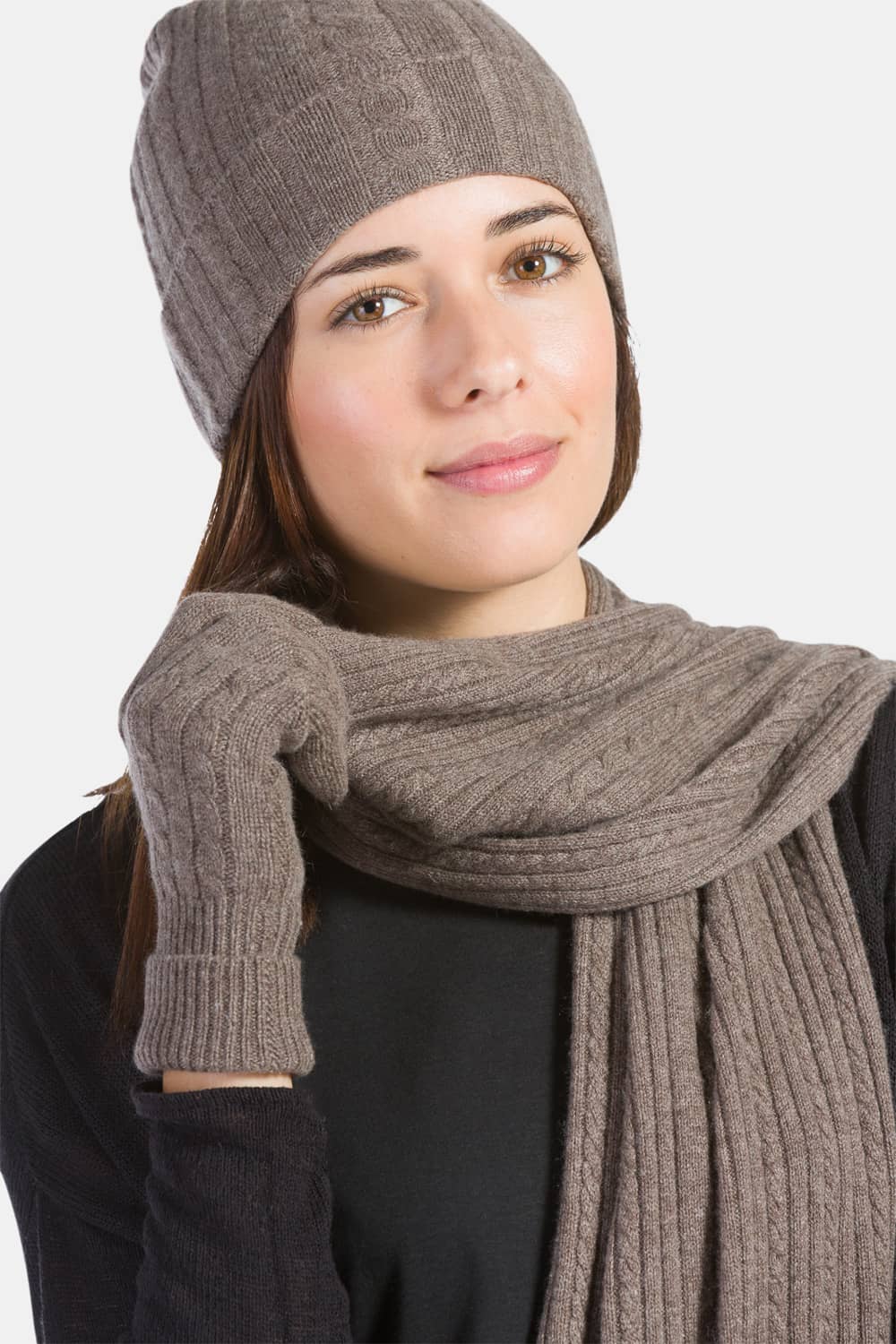 Women's 3pc 100% Pure Cashmere Cable Knit Hat Glove Scarf Set with Gift Box Womens>Accessories>Cashmere Set Fishers Finery 